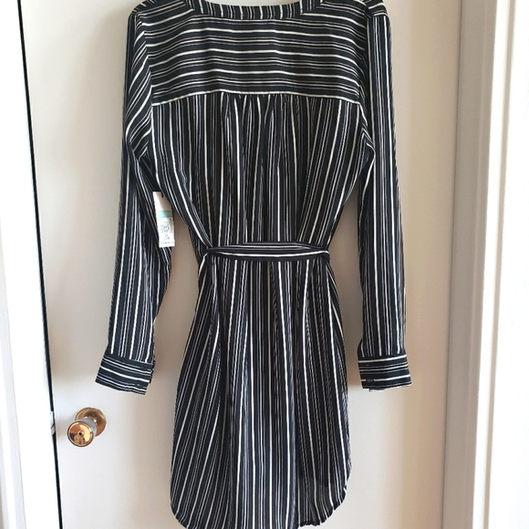 Dex Back White Pinstripe Belted Dress Tapered Over Knee Classic Women's L NWT - Picture 2 of 10